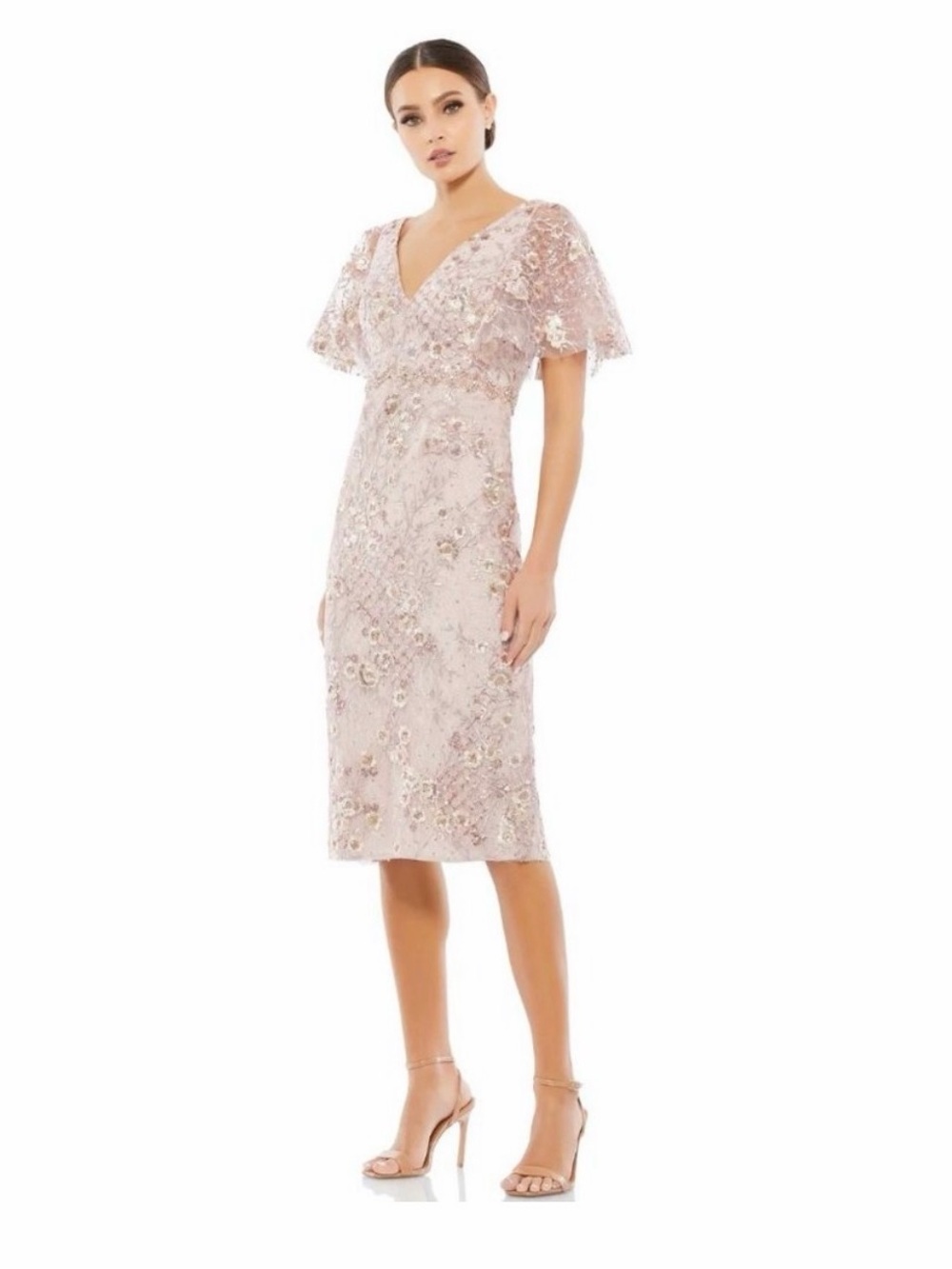 Embellished Blush Lace butterfly sleeve cocktail Midi Dress Women's Mac Duggar